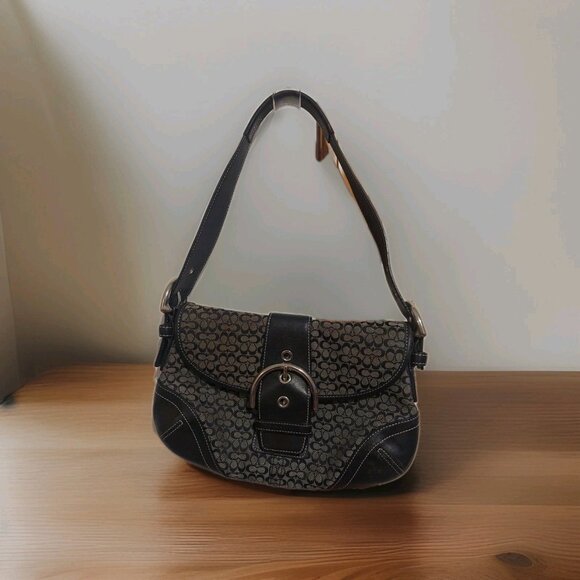 Coach Vintage Soho Black & Grey Signature C & Black Leather Shoulder Bag 6818 - Picture 1 of 16